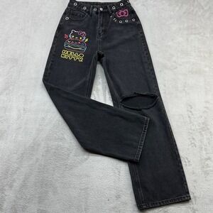 Hello Kitty Y2K Jeans Women XS Black Distressed Grommet Harajuku E-Girl Sanrio
